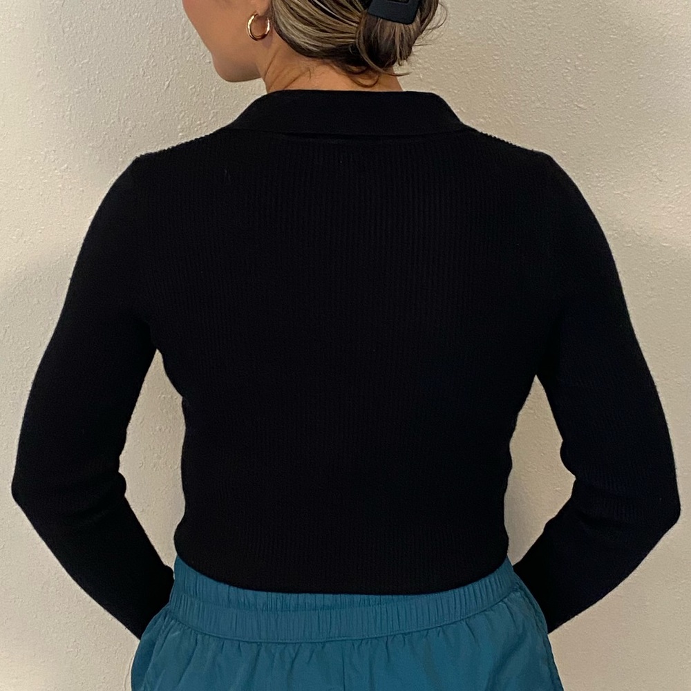 Black Front Zip Collared Long-Sleeve Top - Picture 3 of 8